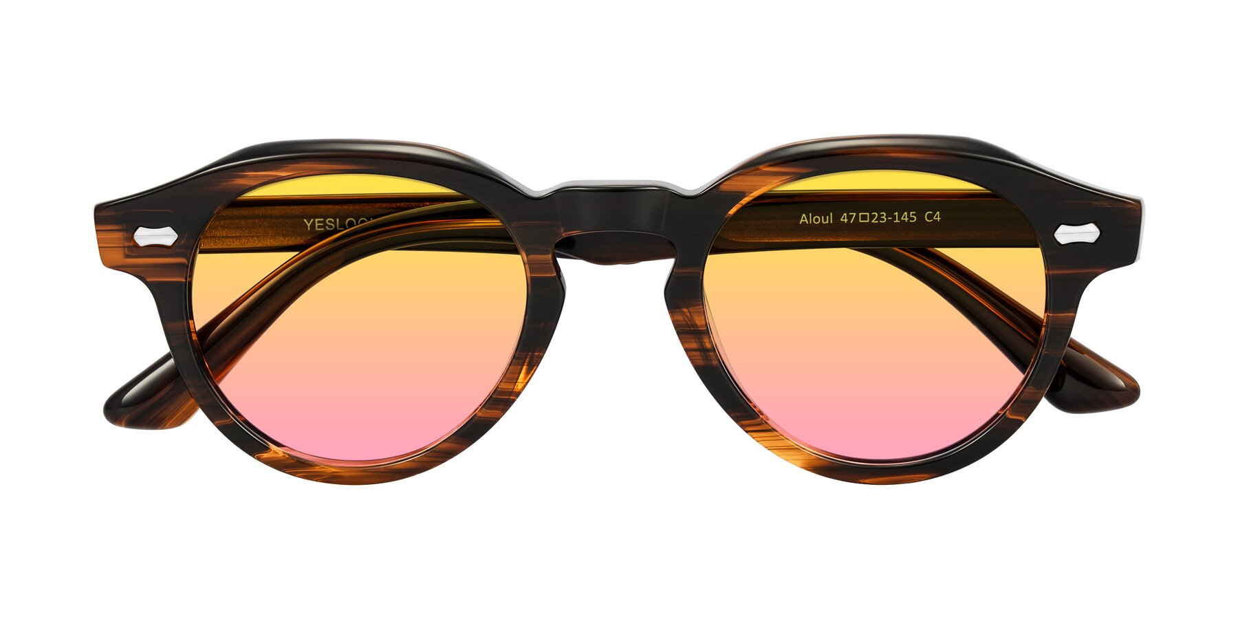 Folded Front of Aloul in Brown Striped with Yellow / Pink Gradient Lenses
