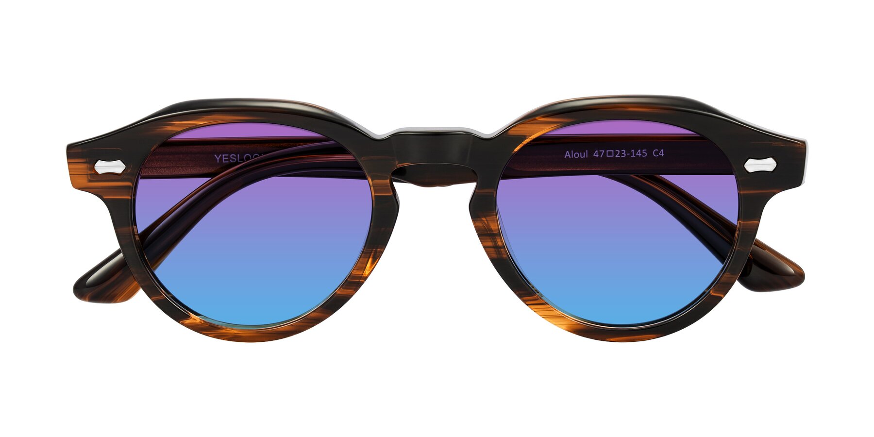 Folded Front of Aloul in Brown Striped with Purple / Blue Gradient Lenses