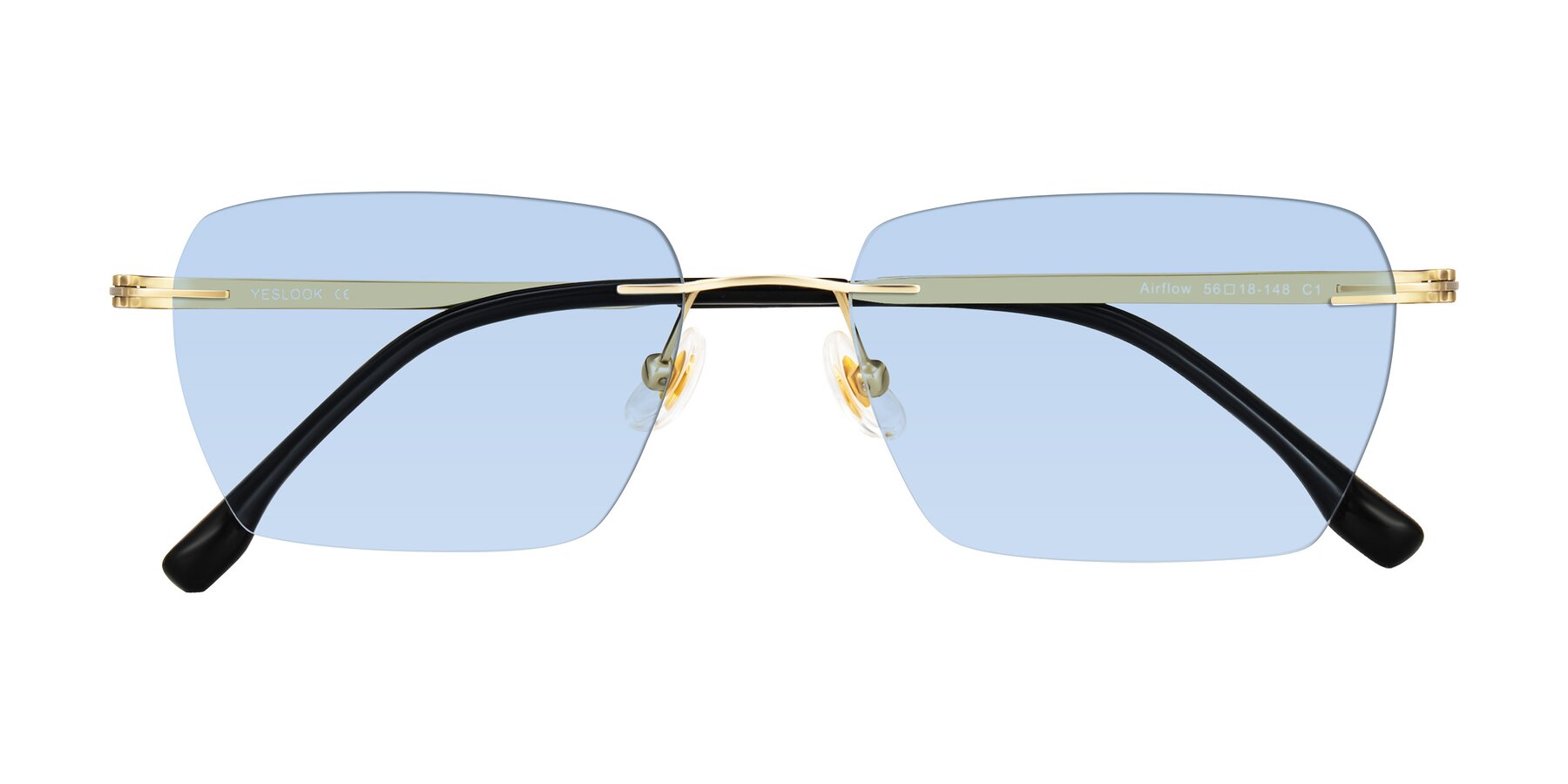 Folded Front of Airflow in Gold with Light Blue Tinted Lenses