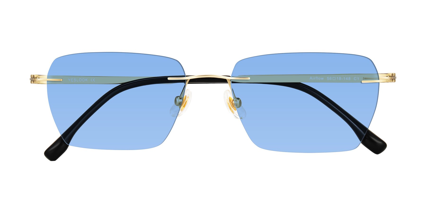 Folded Front of Airflow in Gold with Medium Blue Tinted Lenses