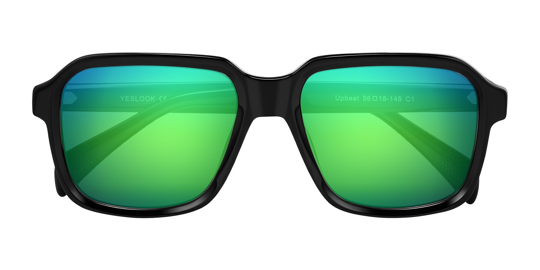 Folded Front of Upbeat in Black with Green Mirrored Lenses