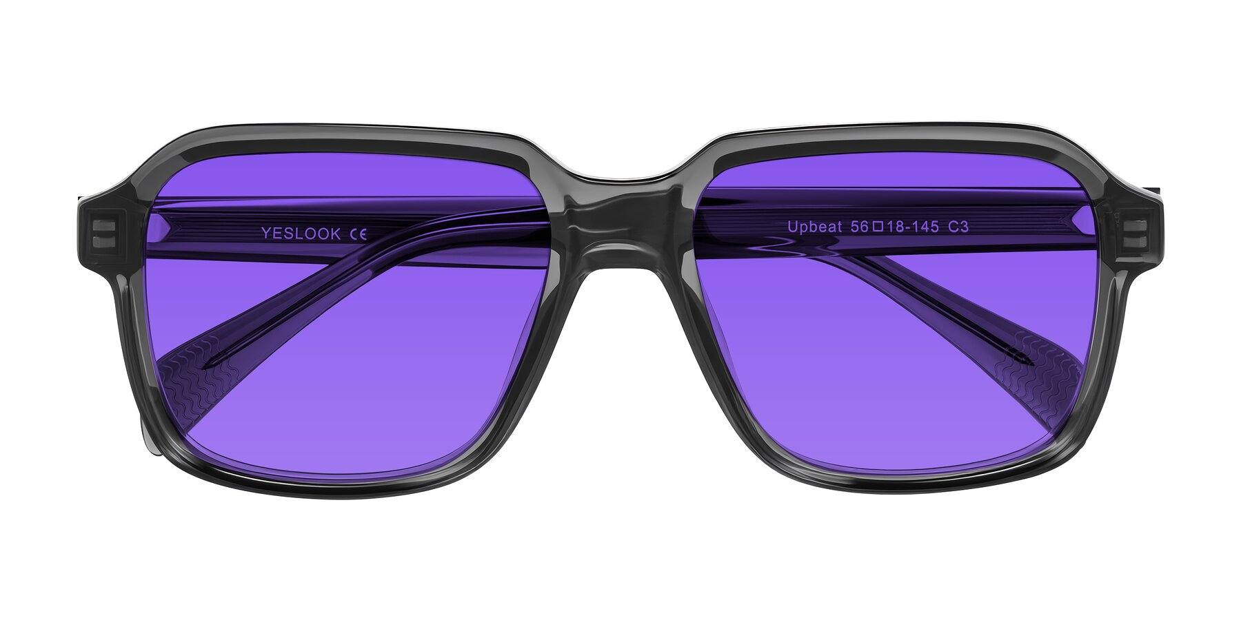 Folded Front of Upbeat in Translucent Gray with Purple Tinted Lenses