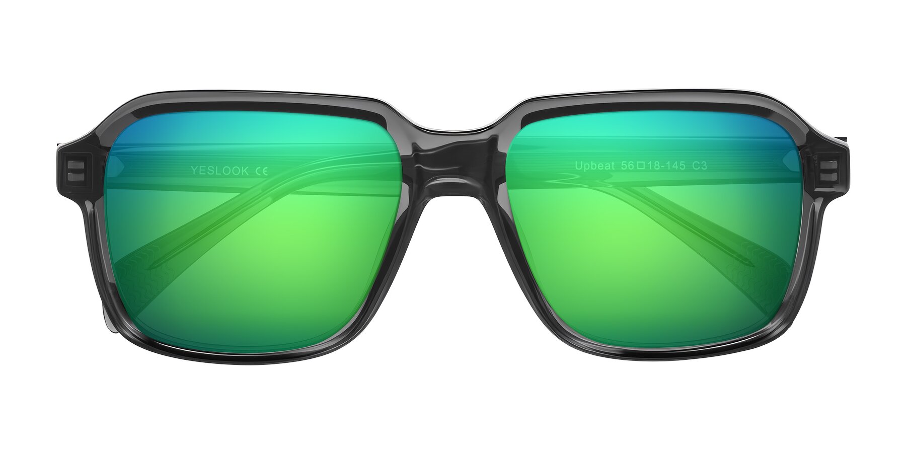 Folded Front of Upbeat in Translucent Gray with Green Mirrored Lenses