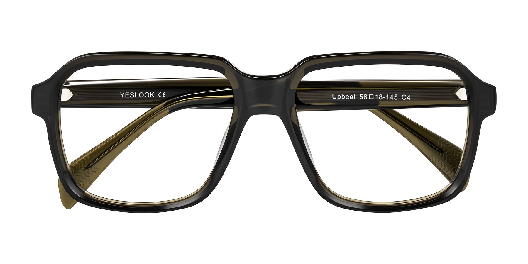 Folded Front of Upbeat in Translucent Olive Gray with Clear Eyeglass Lenses