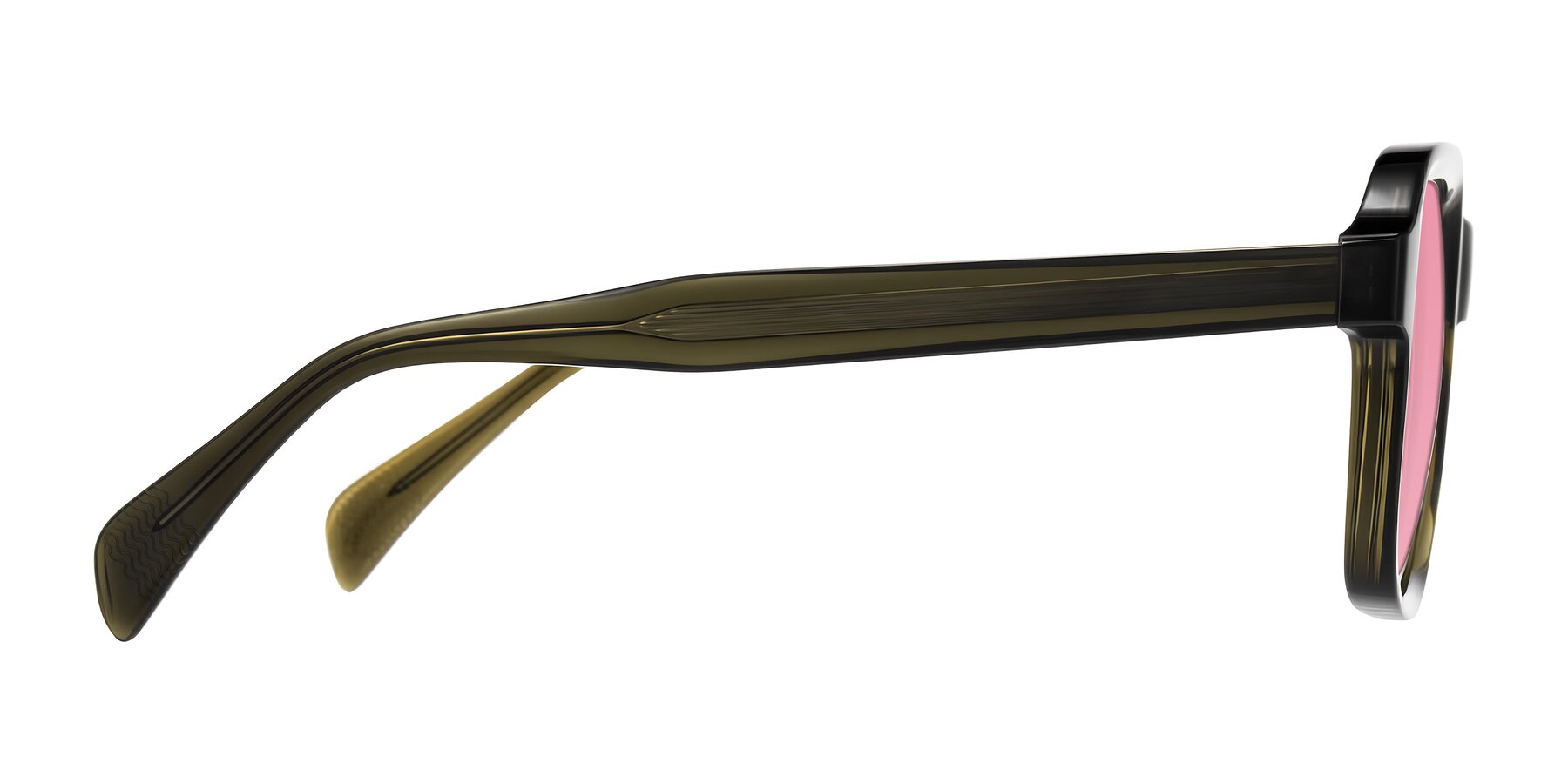 Side of Upbeat in Translucent Olive Gray with Pink Tinted Lenses