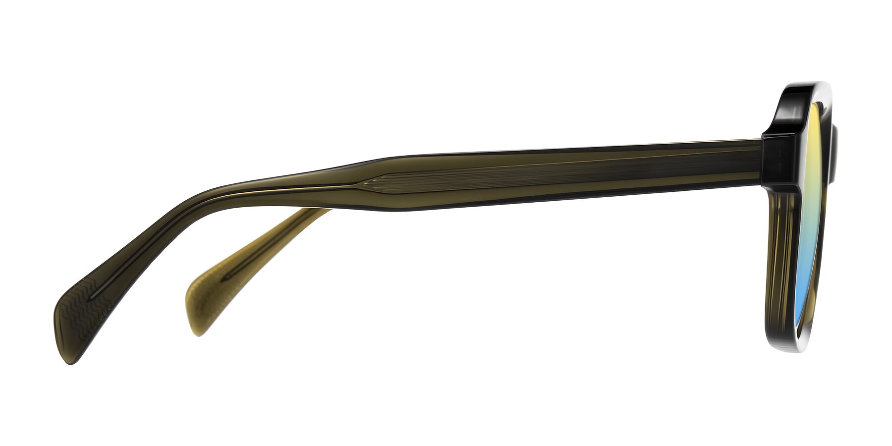 Side of Upbeat in Translucent Olive Gray with Yellow / Blue Gradient Lenses
