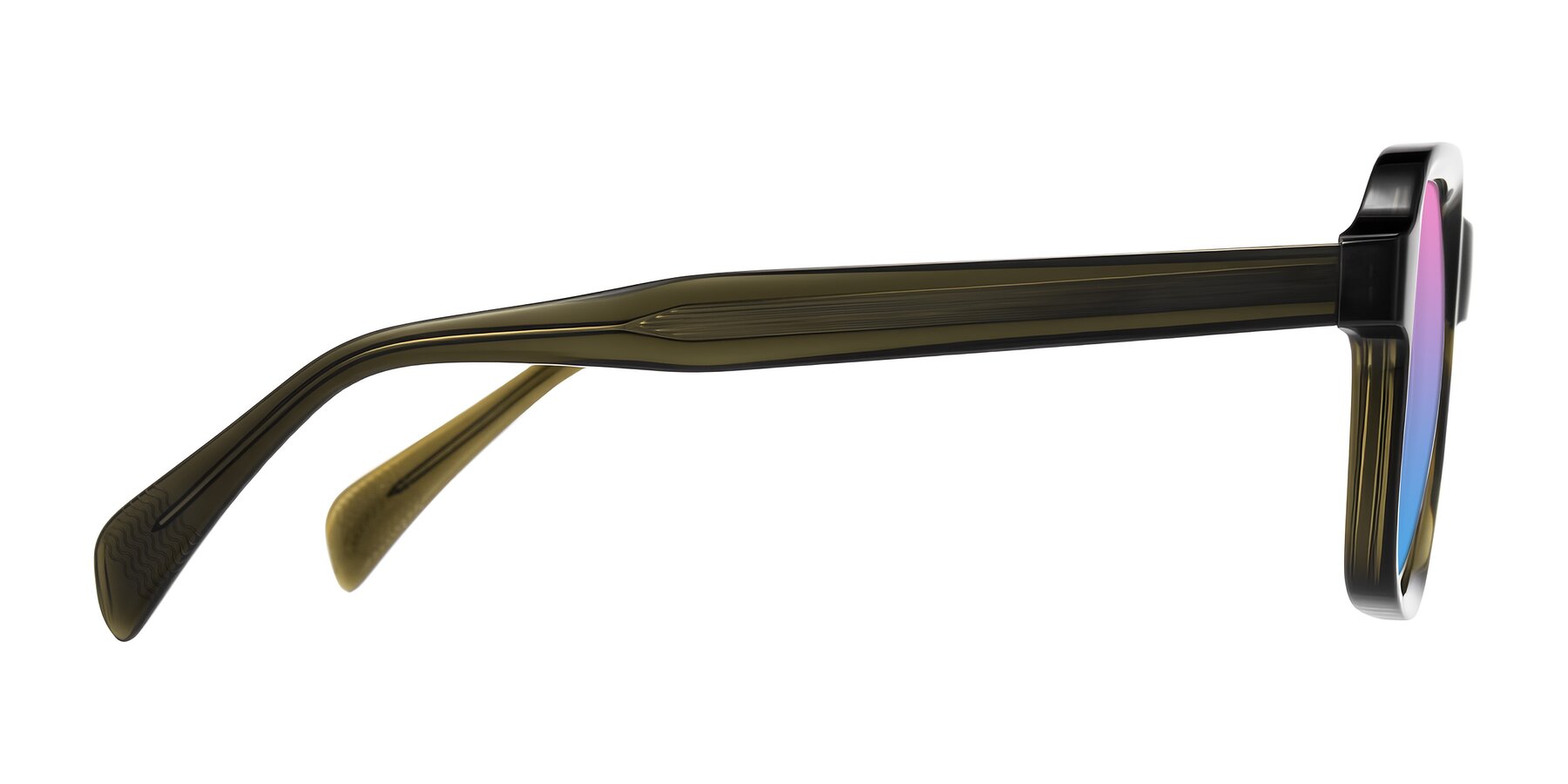 Side of Upbeat in Translucent Olive Gray with Pink / Blue Gradient Lenses