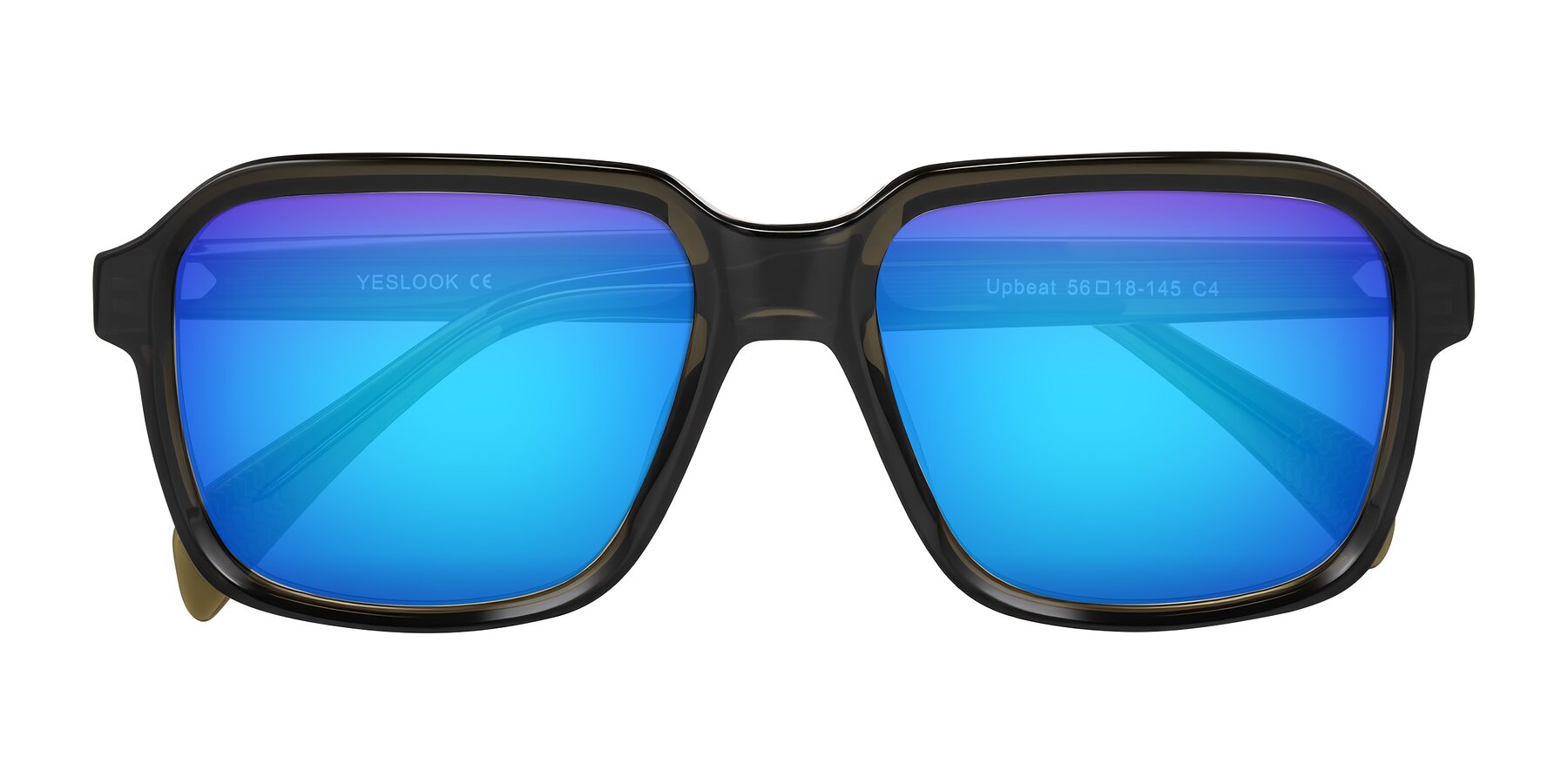 Folded Front of Upbeat in Translucent Olive Gray with Blue Mirrored Lenses