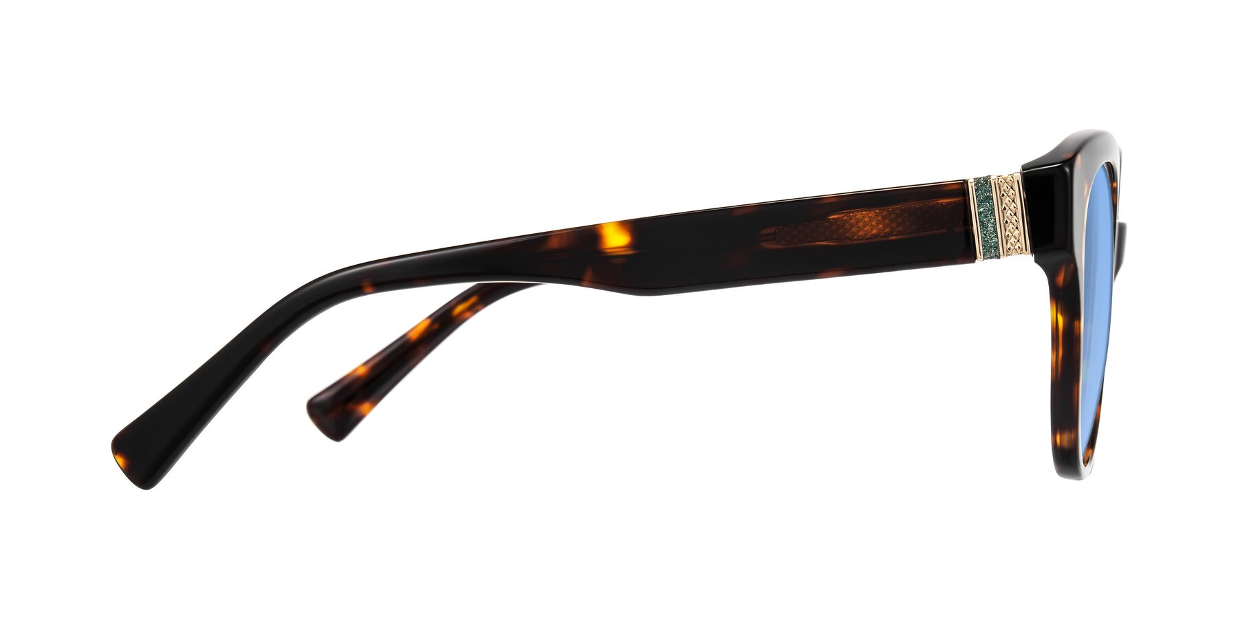 Side of Zipa in Tortoise with Medium Blue Tinted Lenses
