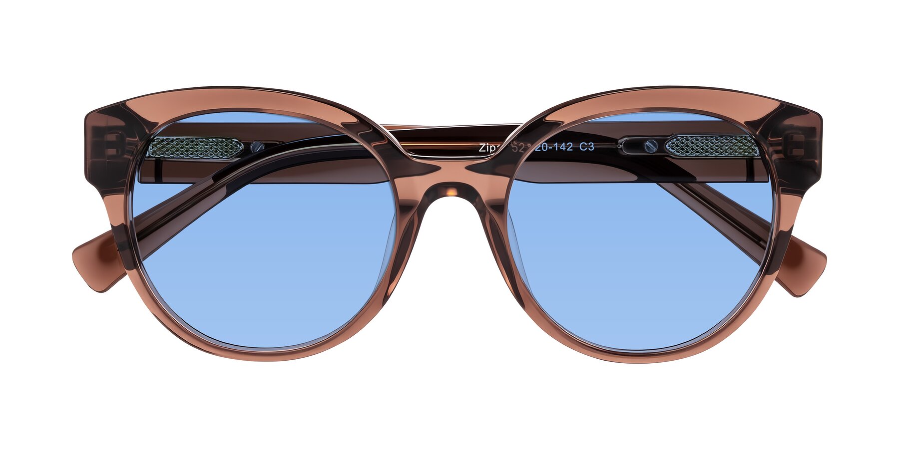 Folded Front of Zipa in Translucent Brown with Medium Blue Tinted Lenses