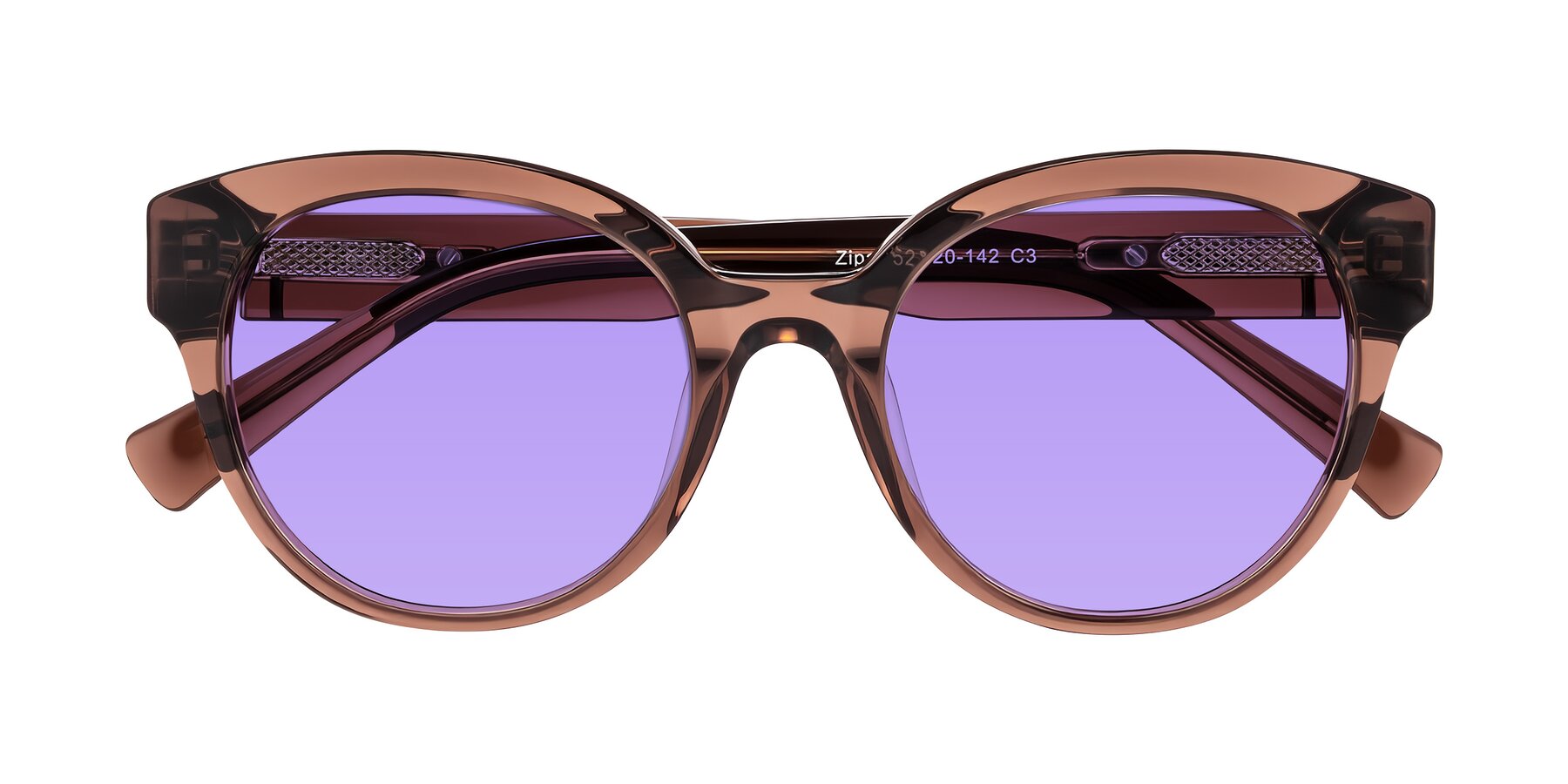 Folded Front of Zipa in Translucent Brown with Medium Purple Tinted Lenses