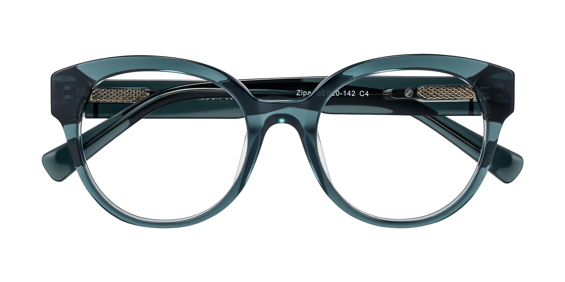 Folded Front of Zipa in Petrol Blue with Clear Eyeglass Lenses