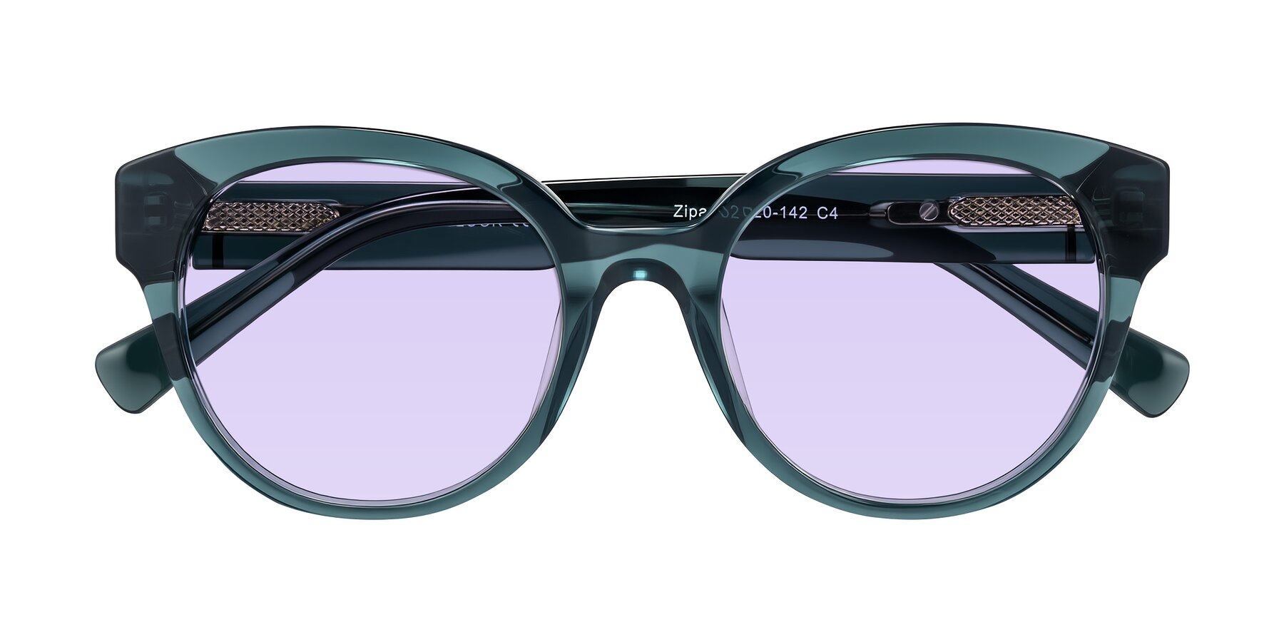 Folded Front of Zipa in Petrol Blue with Light Purple Tinted Lenses