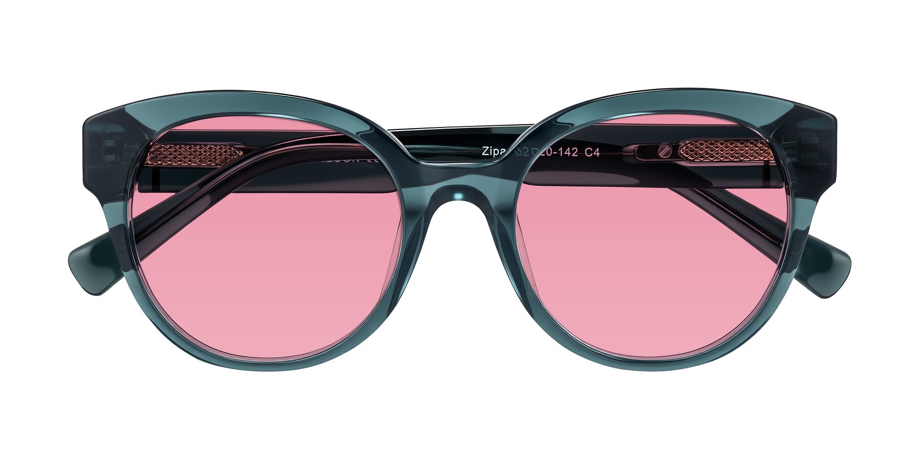 Folded Front of Zipa in Petrol Blue with Pink Tinted Lenses