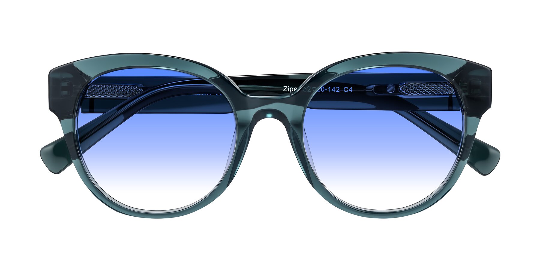 Folded Front of Zipa in Petrol Blue with Blue Gradient Lenses