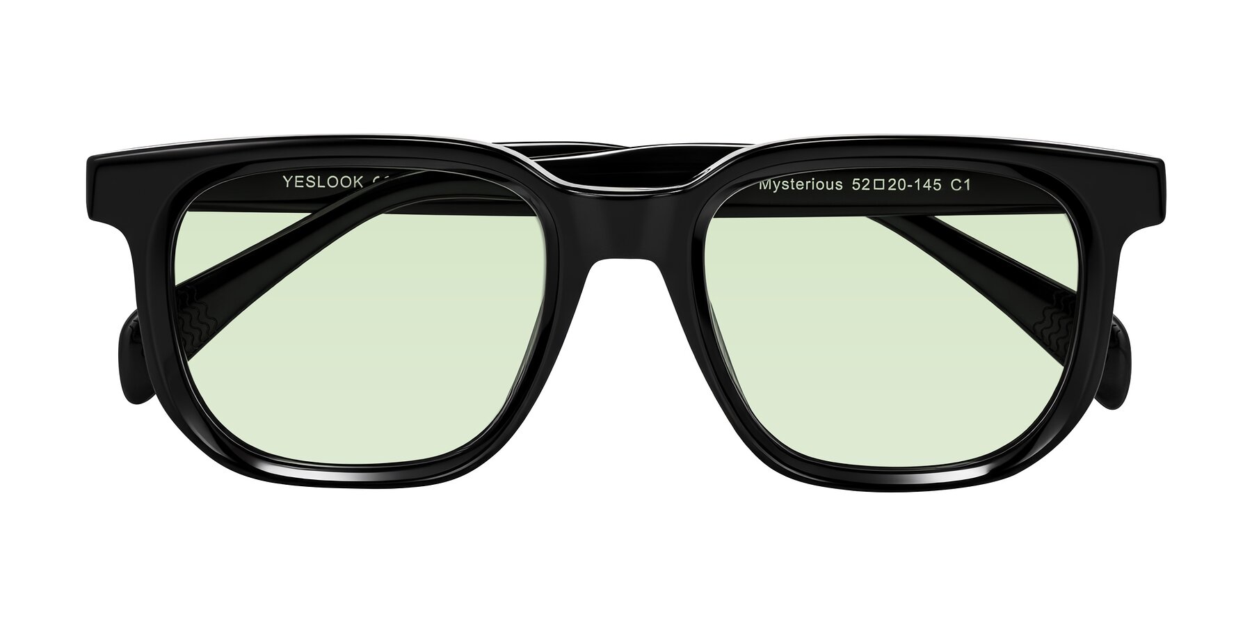 Folded Front of Mysterious in Black with Light Green Tinted Lenses
