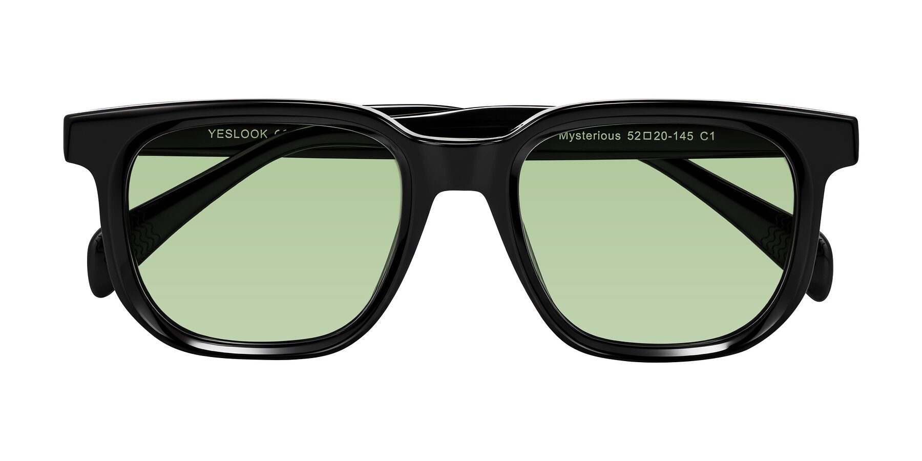 Folded Front of Mysterious in Black with Medium Green Tinted Lenses