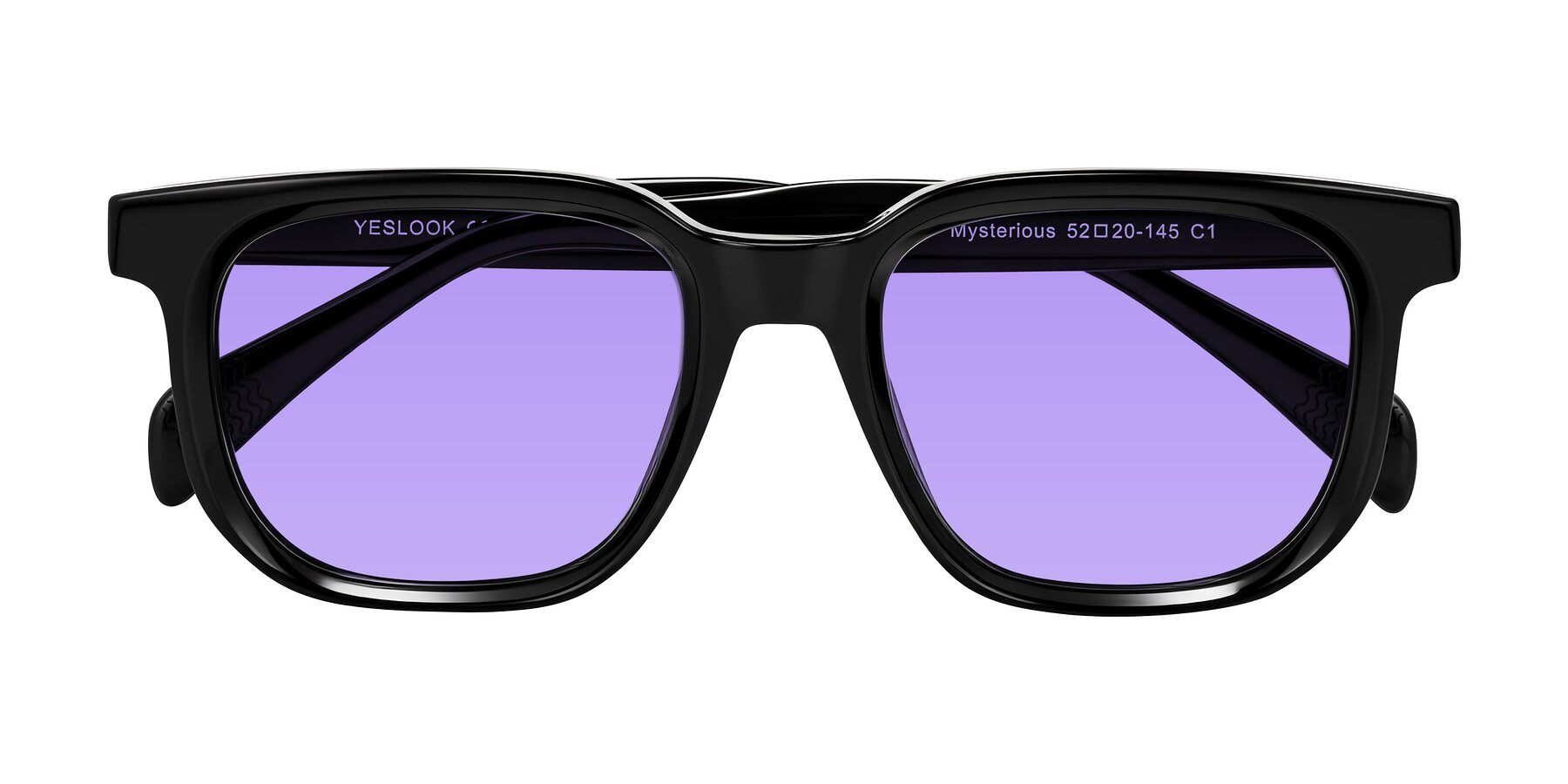Folded Front of Mysterious in Black with Medium Purple Tinted Lenses