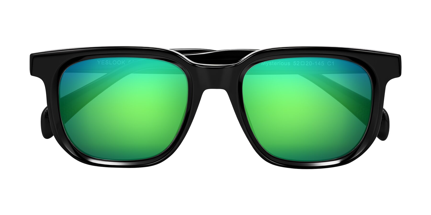Folded Front of Mysterious in Black with Green Mirrored Lenses
