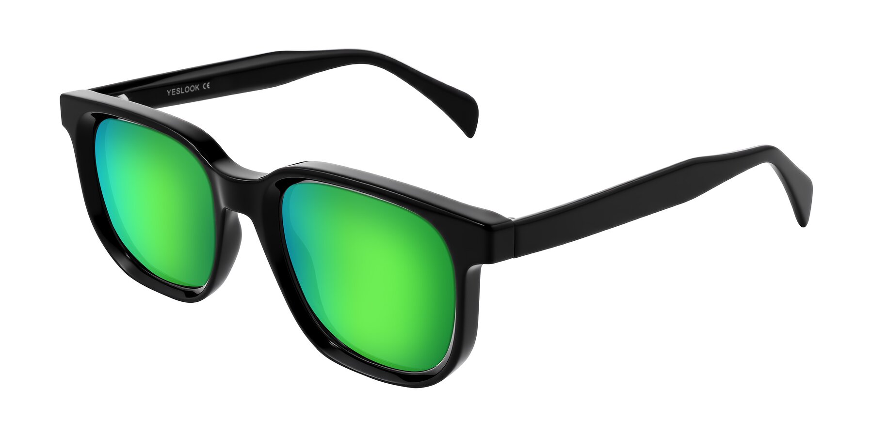 Angle of Mysterious in Black with Green Mirrored Lenses
