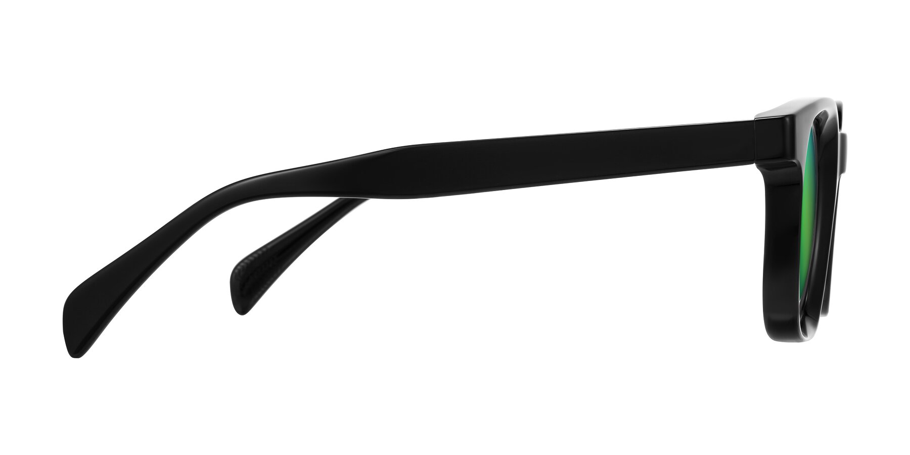 Side of Mysterious in Black with Green Mirrored Lenses