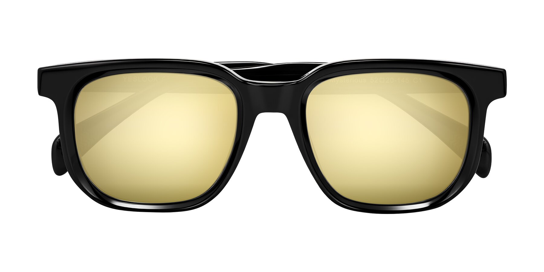 Folded Front of Mysterious in Black with Gold Mirrored Lenses