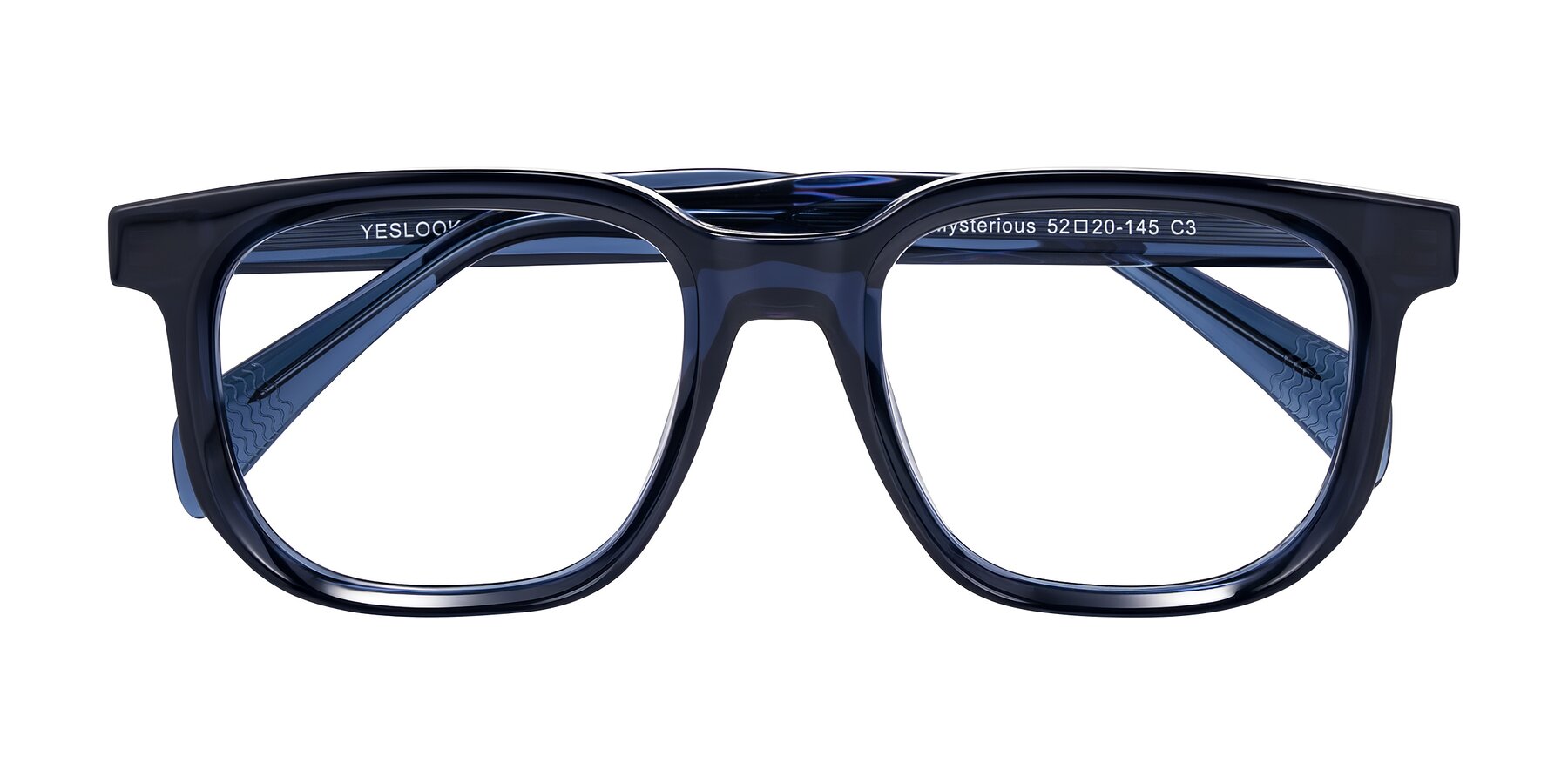 Folded Front of Mysterious in Dark Blue with Clear Eyeglass Lenses