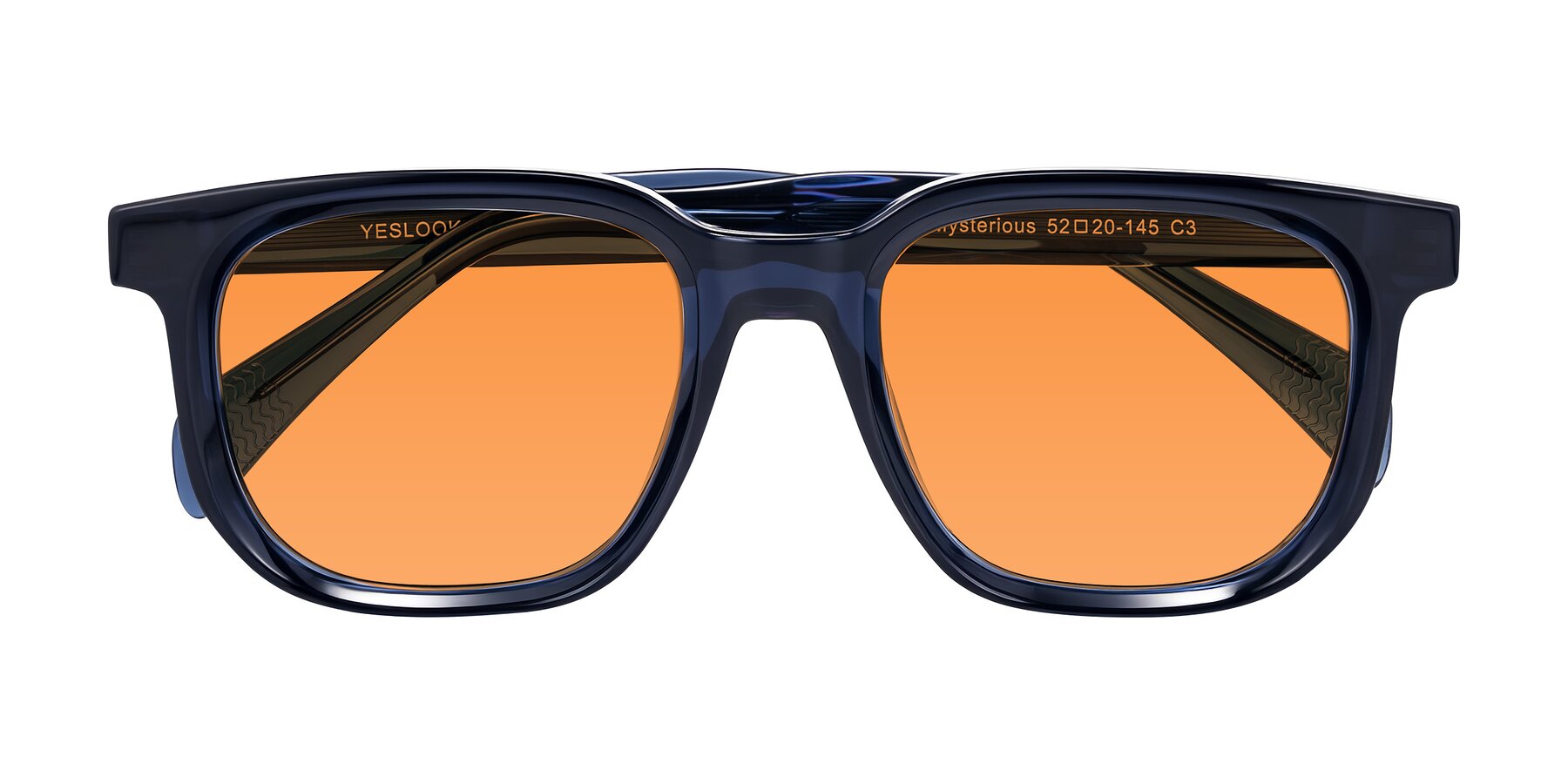 Folded Front of Mysterious in Dark Blue with Orange Tinted Lenses