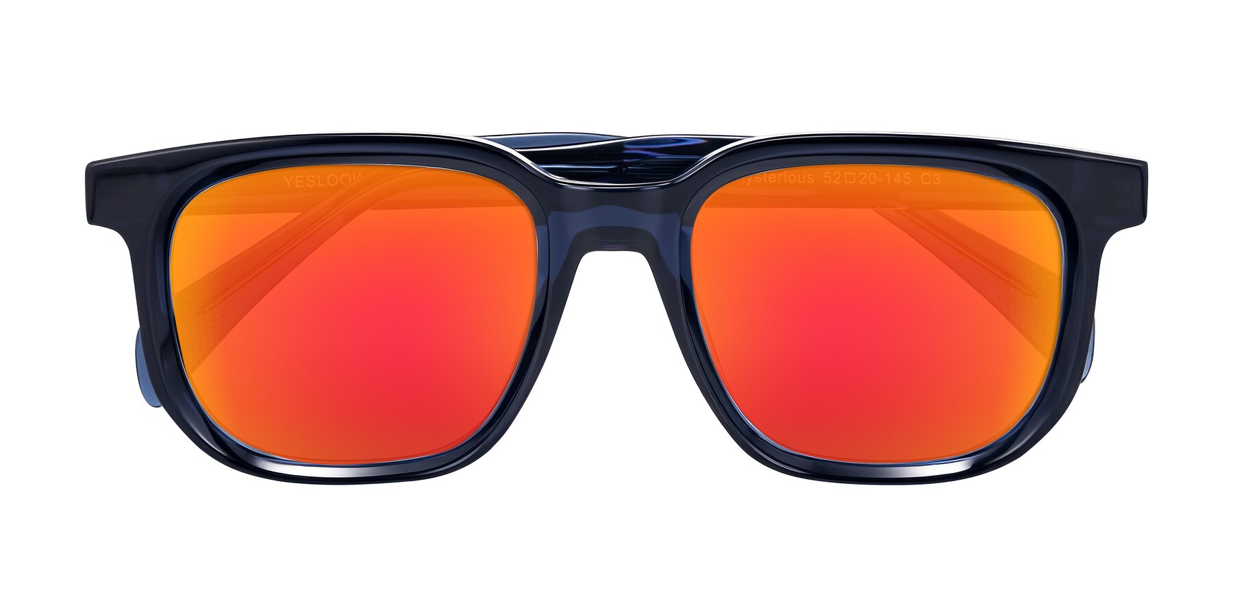 Folded Front of Mysterious in Dark Blue with Red Gold Mirrored Lenses