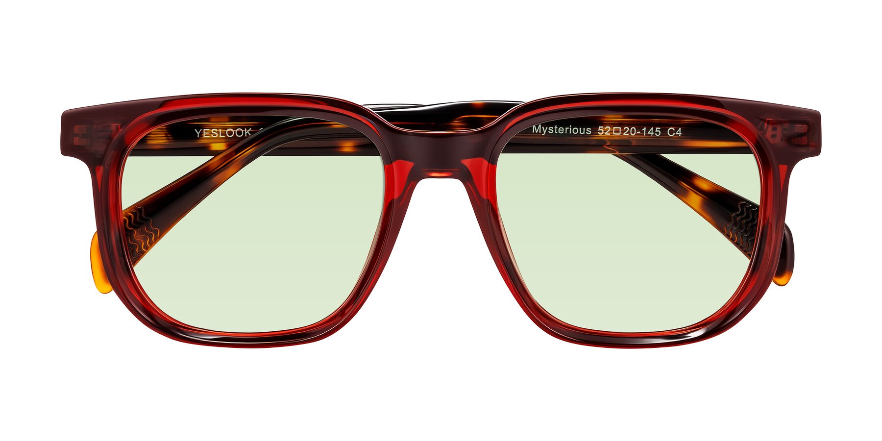 Folded Front of Mysterious in Wine/Tortoise with Light Green Tinted Lenses