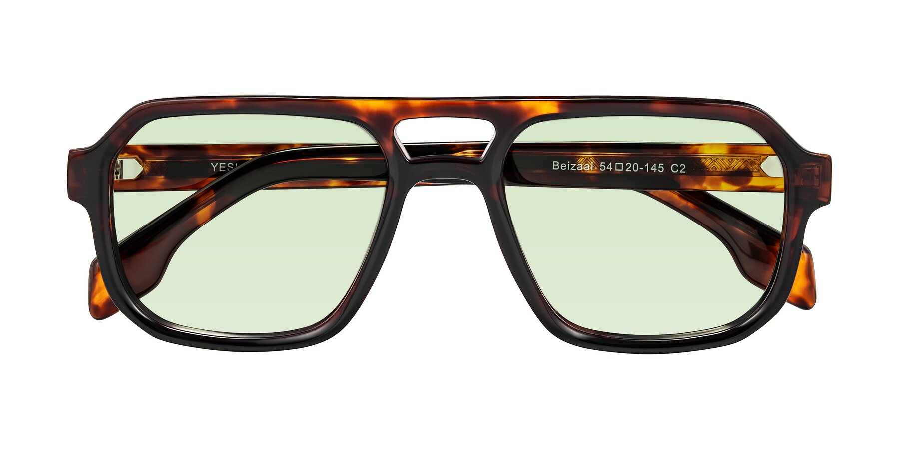 Folded Front of Beizaai in Tortoise with Light Green Tinted Lenses