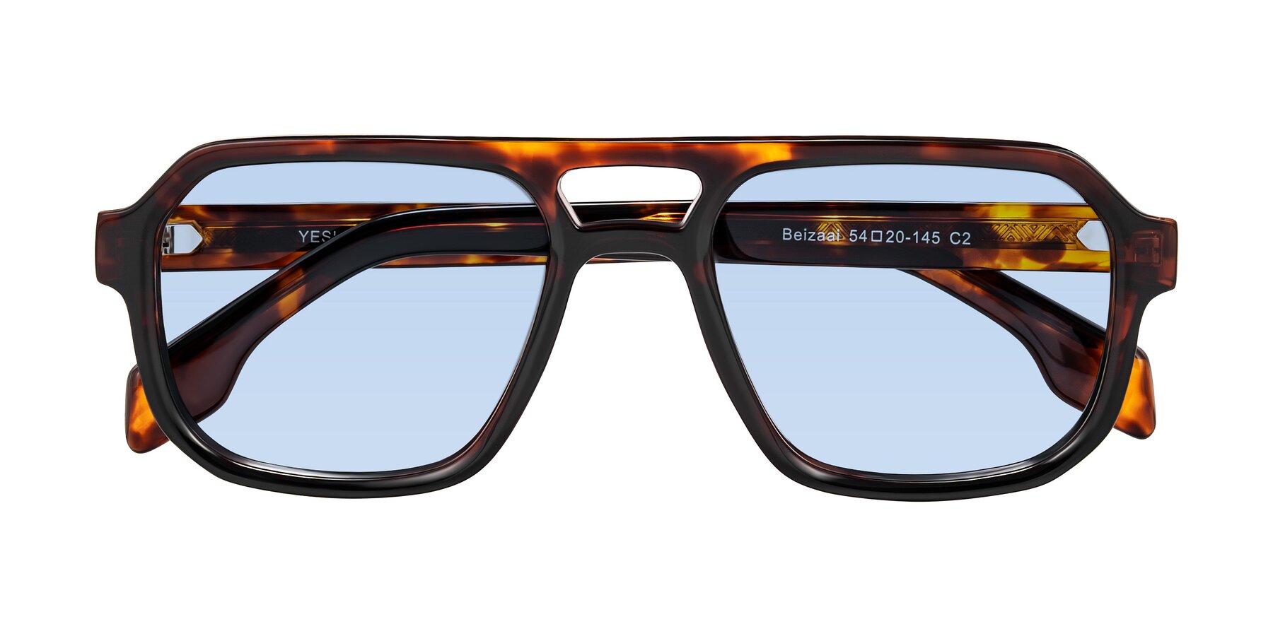 Folded Front of Beizaai in Tortoise with Light Blue Tinted Lenses