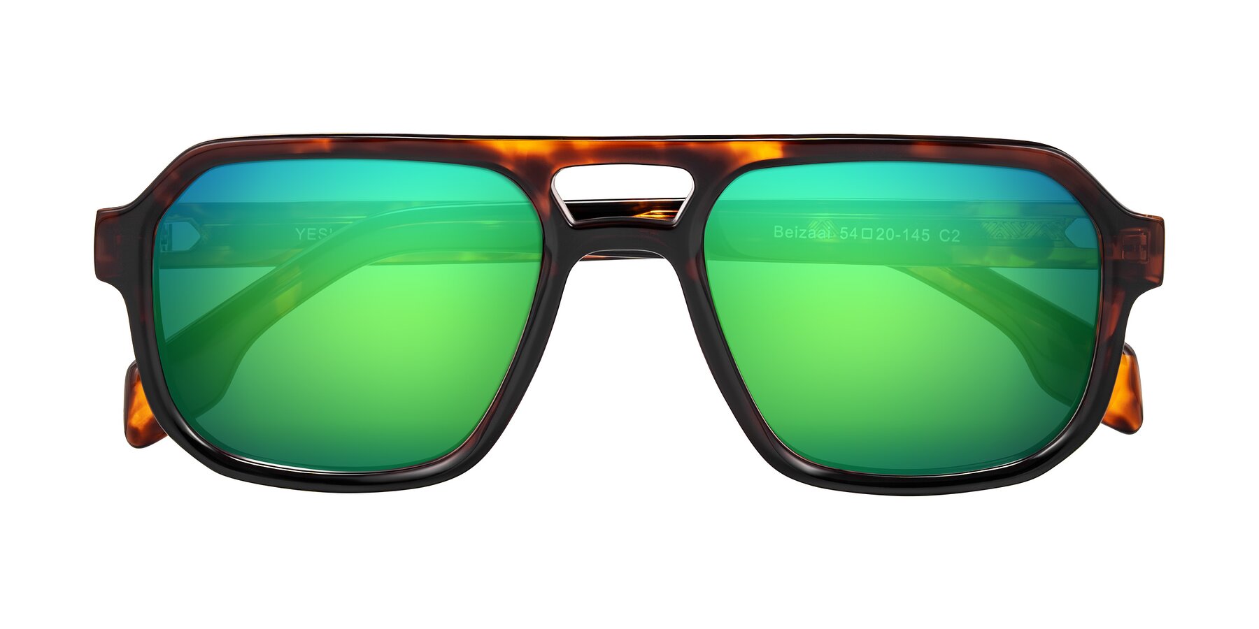 Folded Front of Beizaai in Tortoise with Green Mirrored Lenses