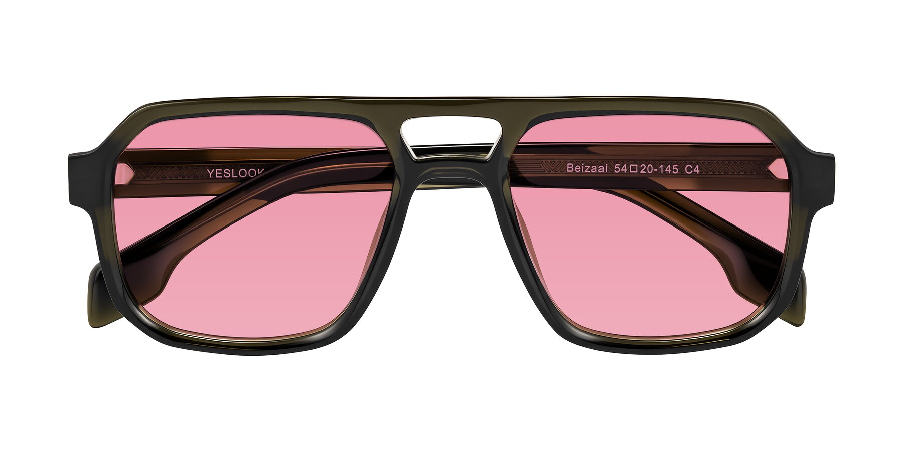 Folded Front of Beizaai in Translucent Olive Gray with Pink Tinted Lenses