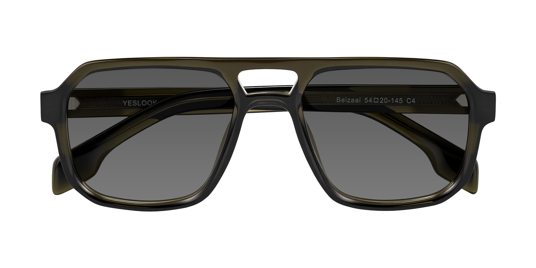 Folded Front of Beizaai in Translucent Olive Gray with Medium Gray Tinted Lenses