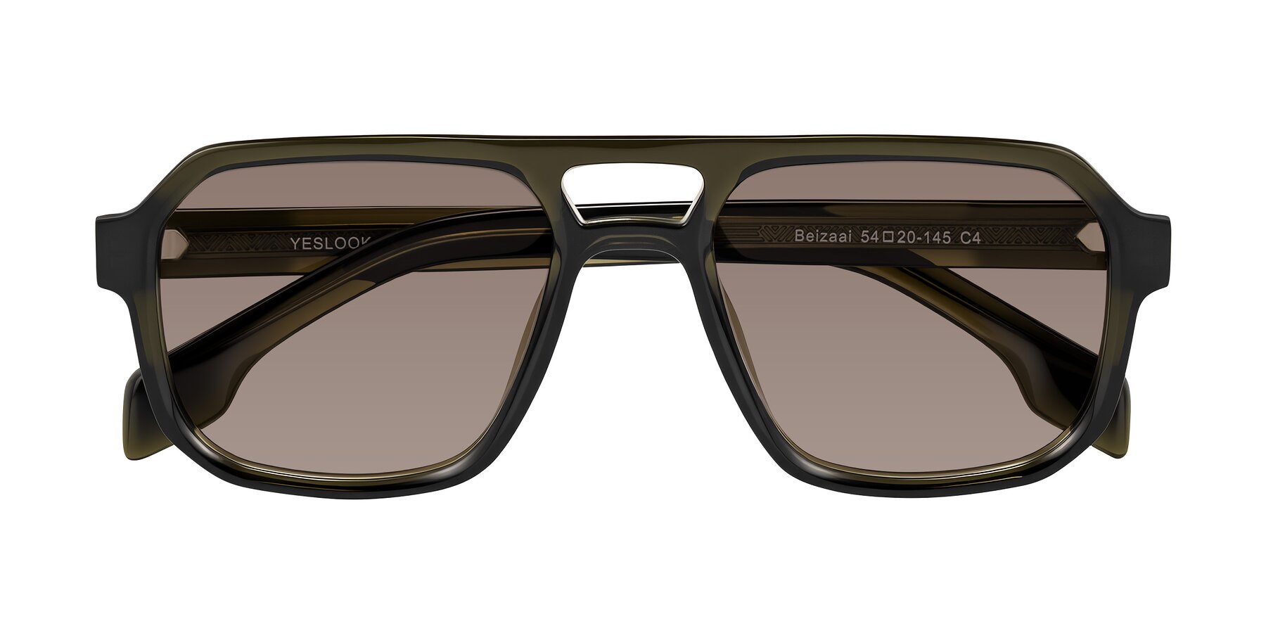 Folded Front of Beizaai in Translucent Olive Gray with Medium Brown Tinted Lenses