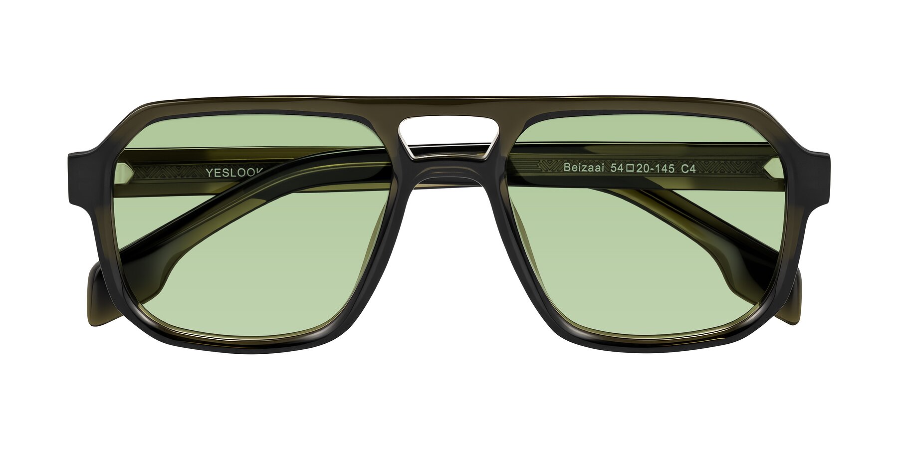 Folded Front of Beizaai in Translucent Olive Gray with Medium Green Tinted Lenses