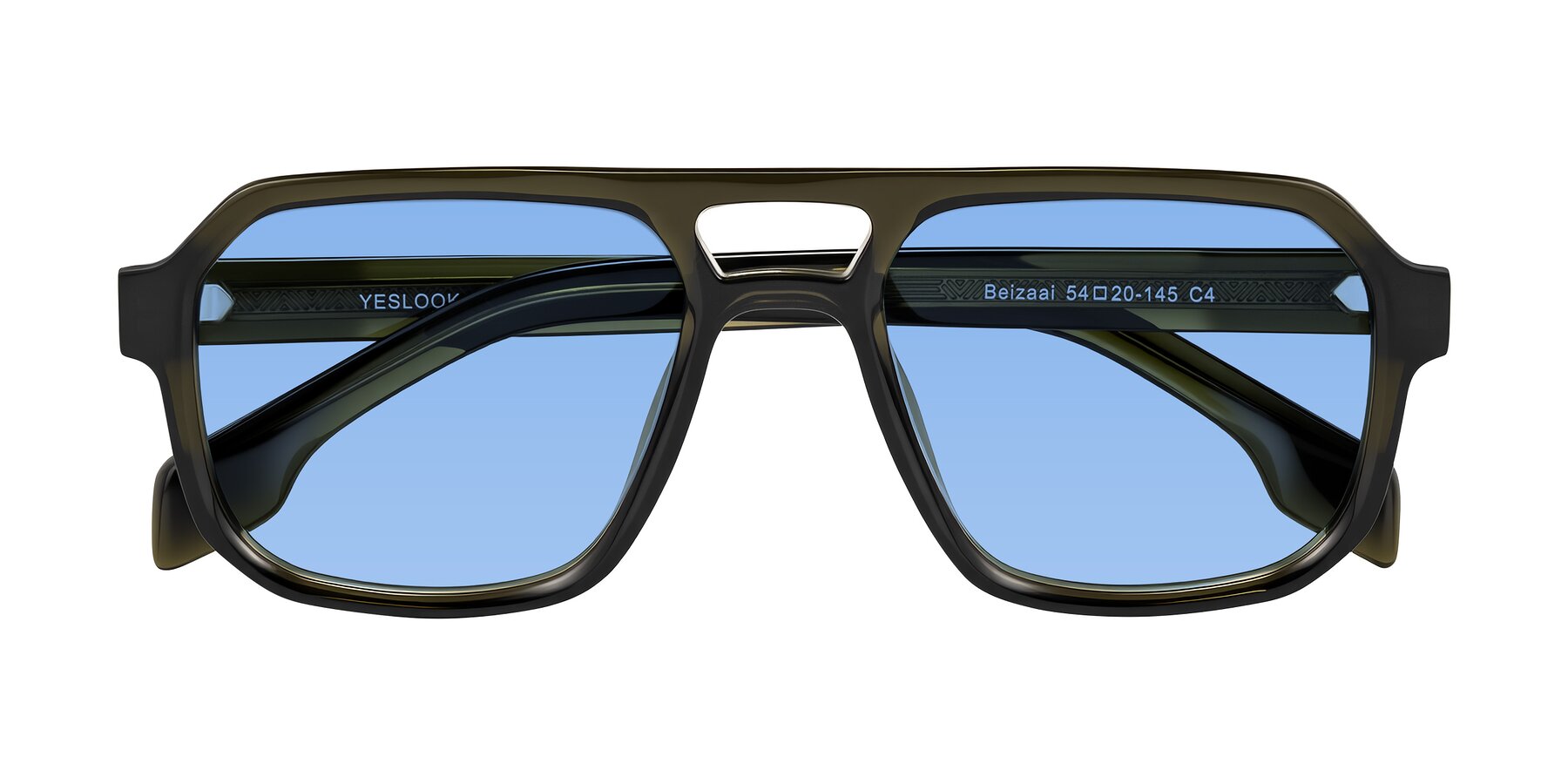 Folded Front of Beizaai in Translucent Olive Gray with Medium Blue Tinted Lenses