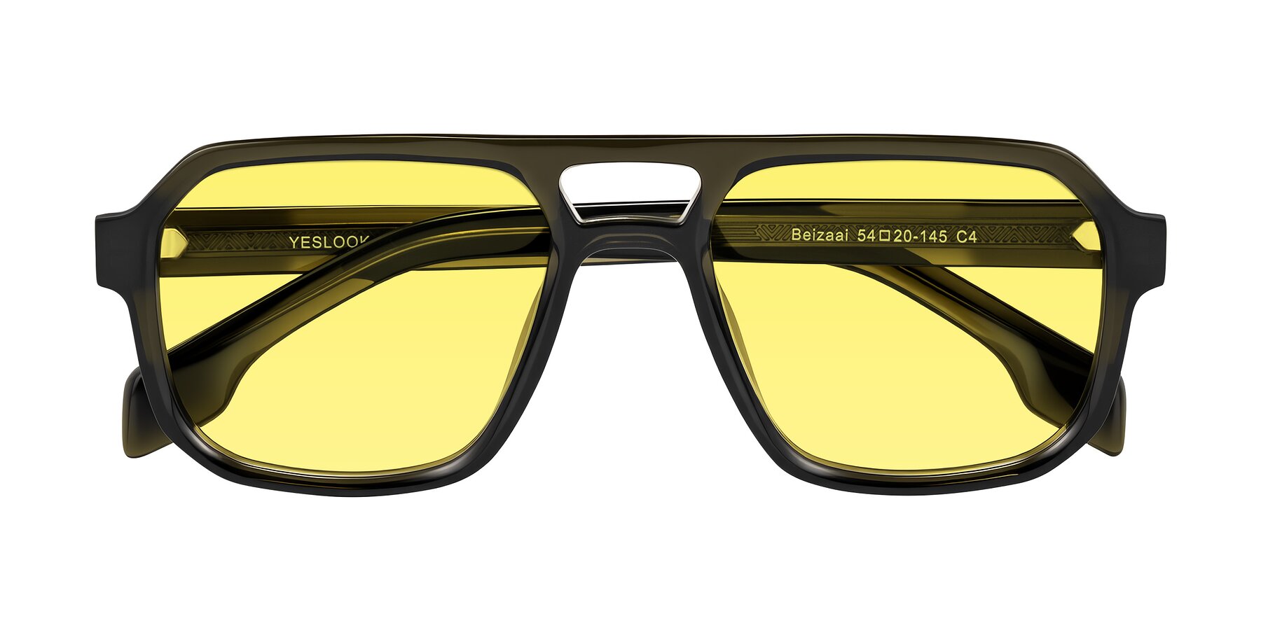 Folded Front of Beizaai in Translucent Olive Gray with Medium Yellow Tinted Lenses