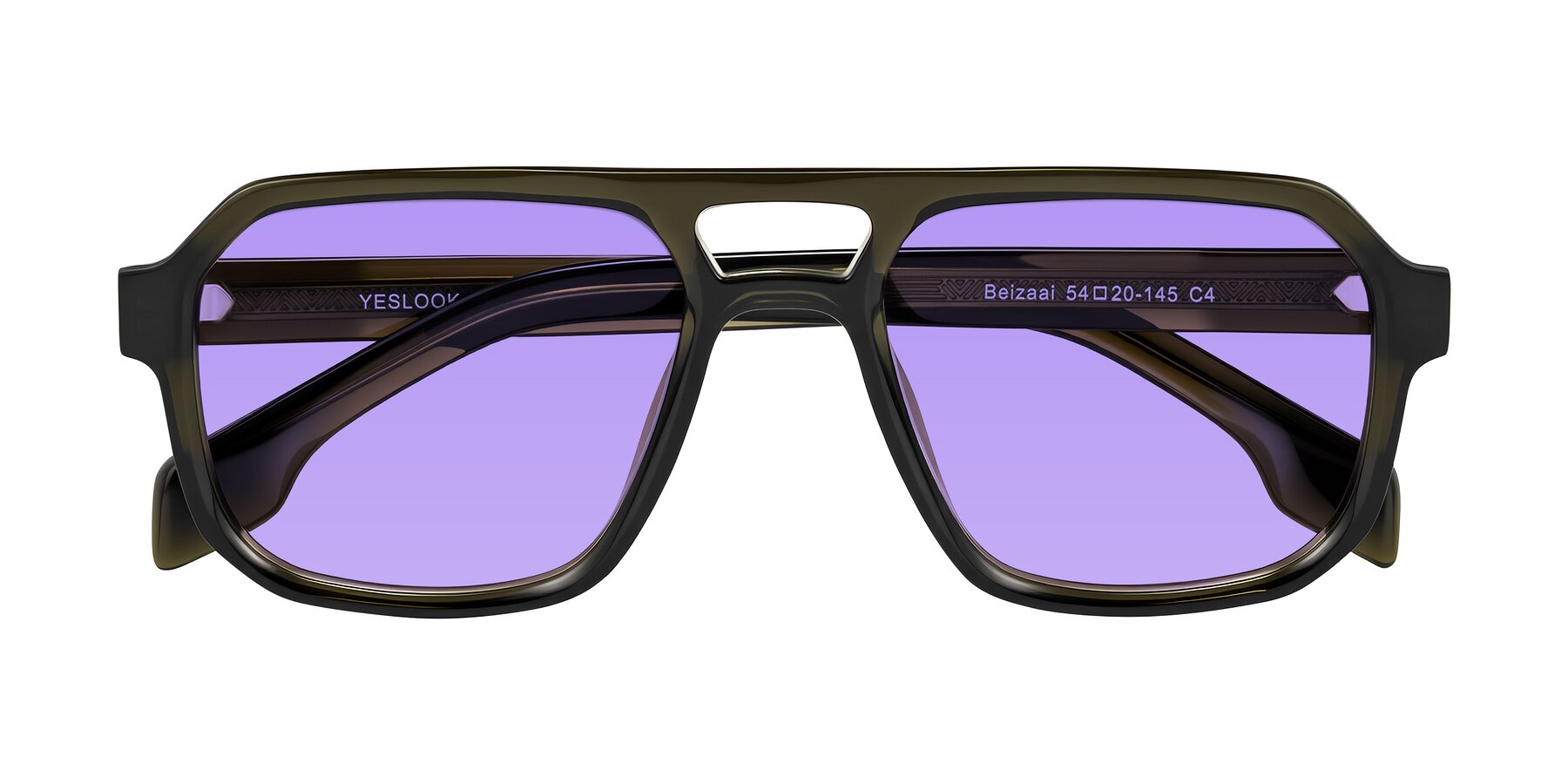 Folded Front of Beizaai in Translucent Olive Gray with Medium Purple Tinted Lenses