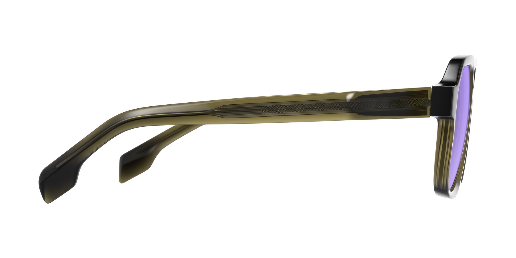 Side of Beizaai in Translucent Olive Gray with Medium Purple Tinted Lenses