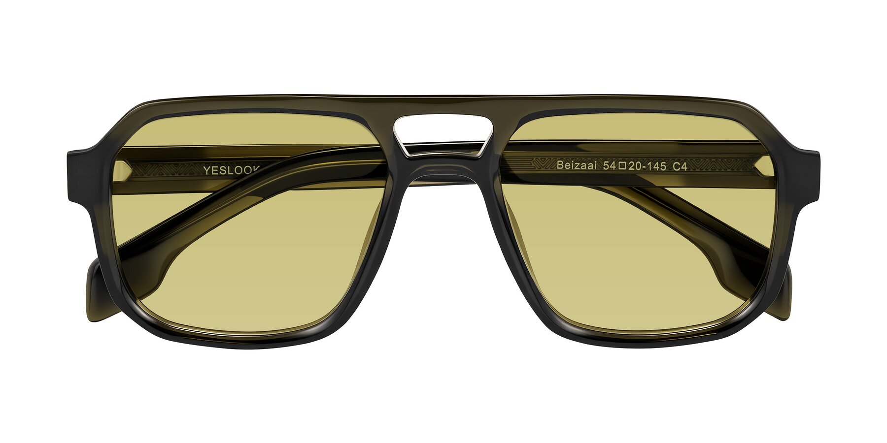 Folded Front of Beizaai in Translucent Olive Gray with Medium Champagne Tinted Lenses
