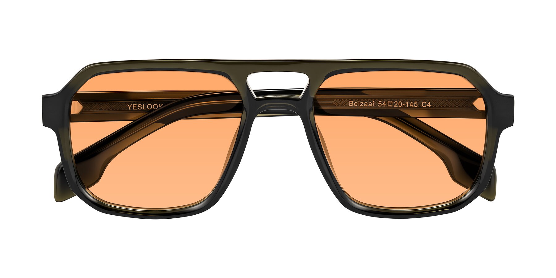 Folded Front of Beizaai in Translucent Olive Gray with Medium Orange Tinted Lenses