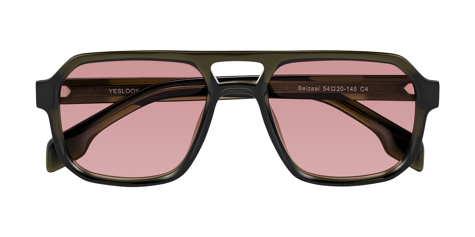 Folded Front of Beizaai in Translucent Olive Gray with Medium Garnet Tinted Lenses