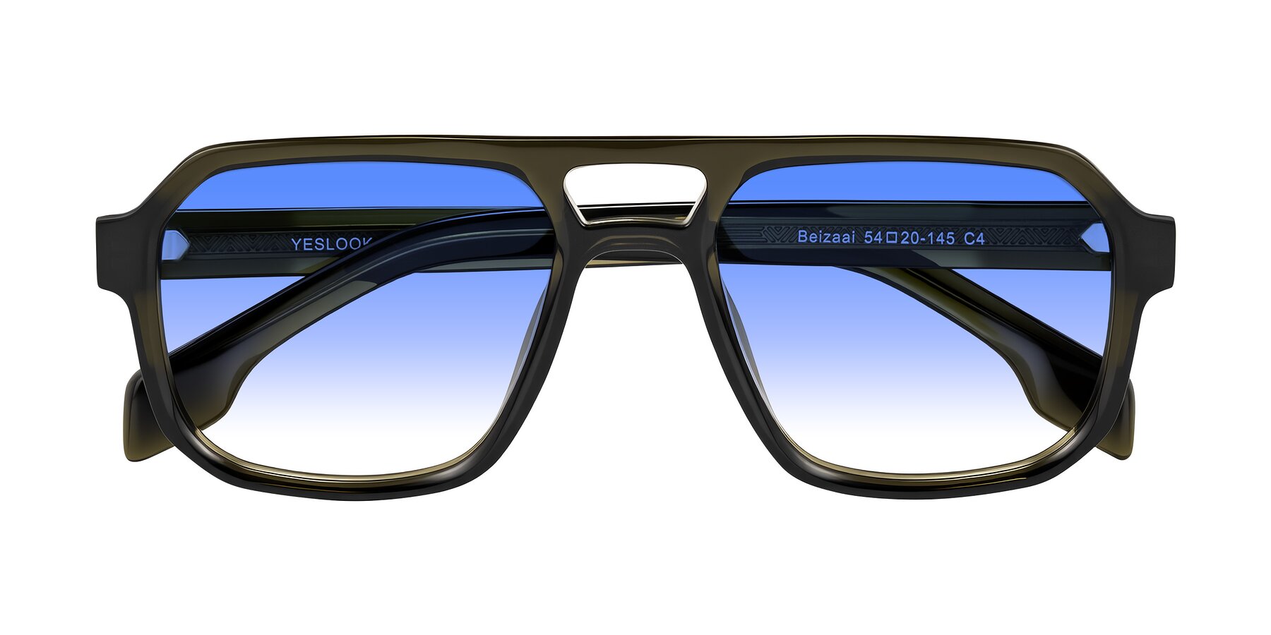 Folded Front of Beizaai in Translucent Olive Gray with Blue Gradient Lenses
