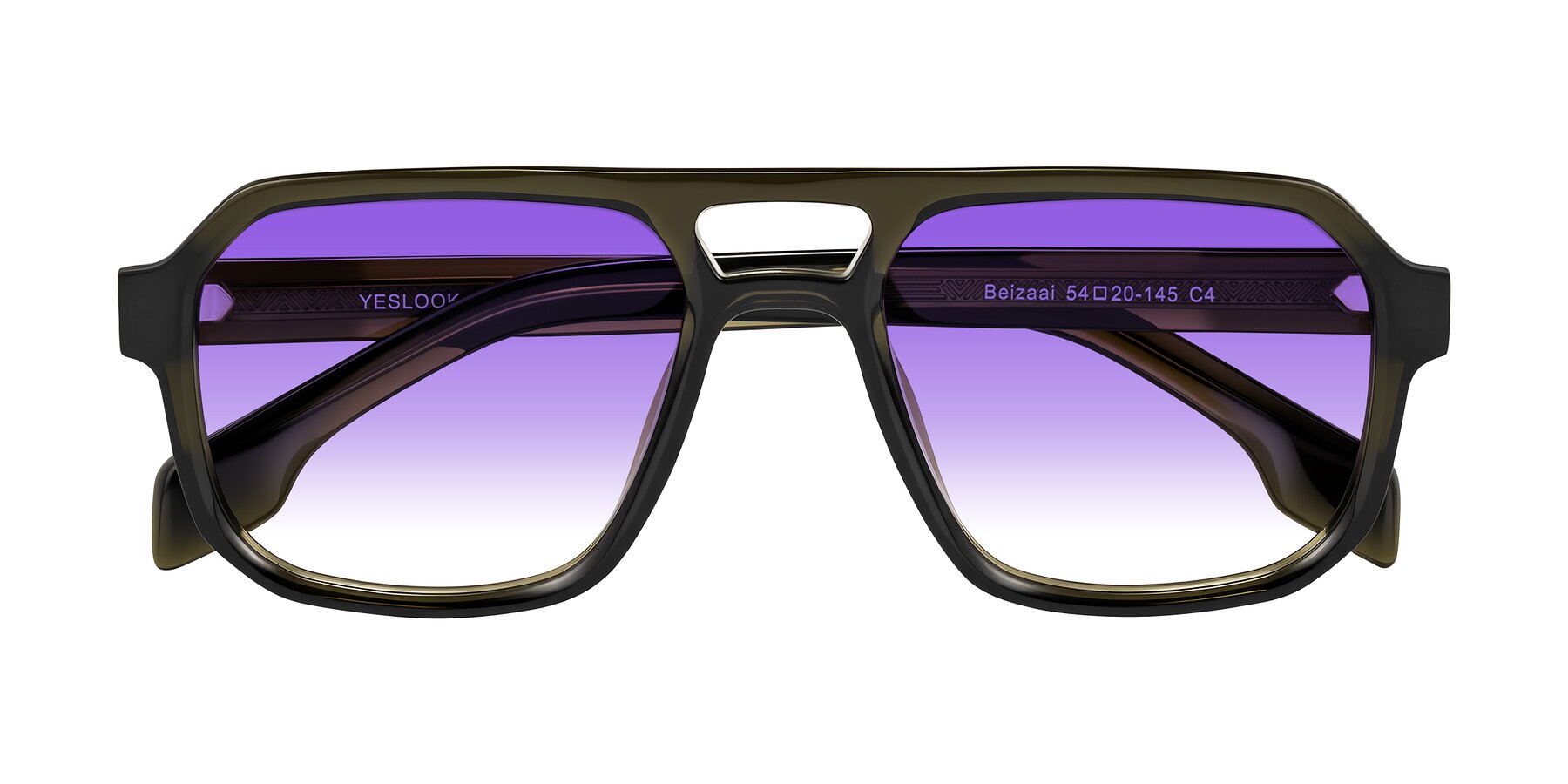 Folded Front of Beizaai in Translucent Olive Gray with Purple Gradient Lenses