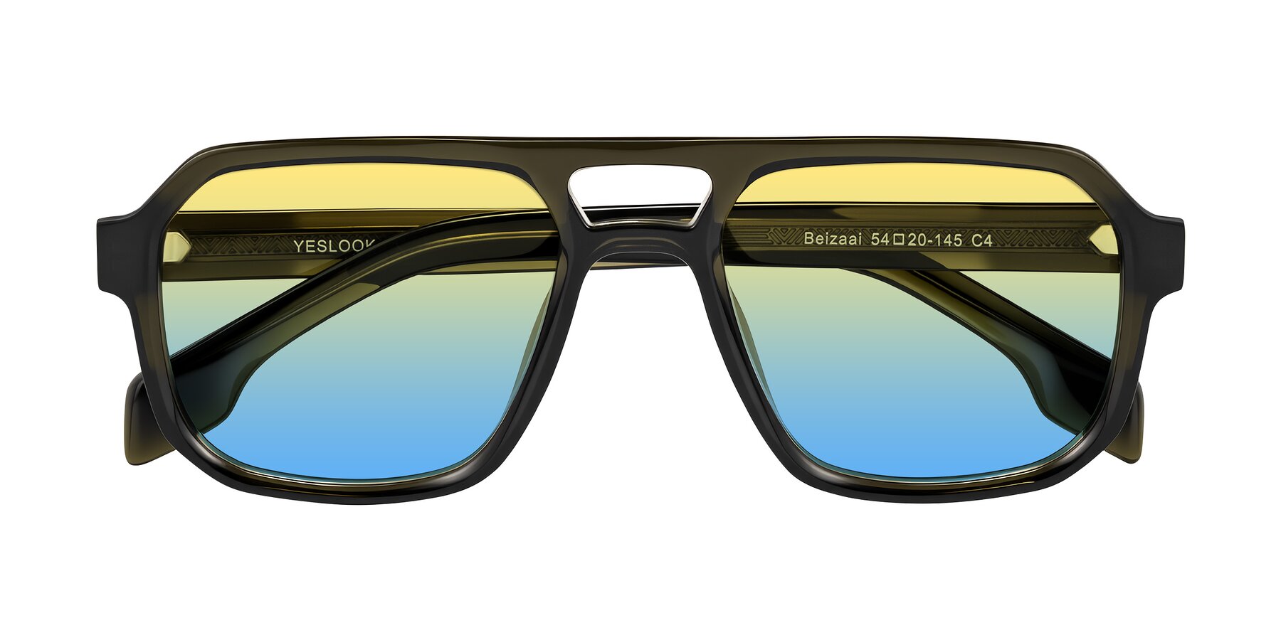 Folded Front of Beizaai in Translucent Olive Gray with Yellow / Blue Gradient Lenses