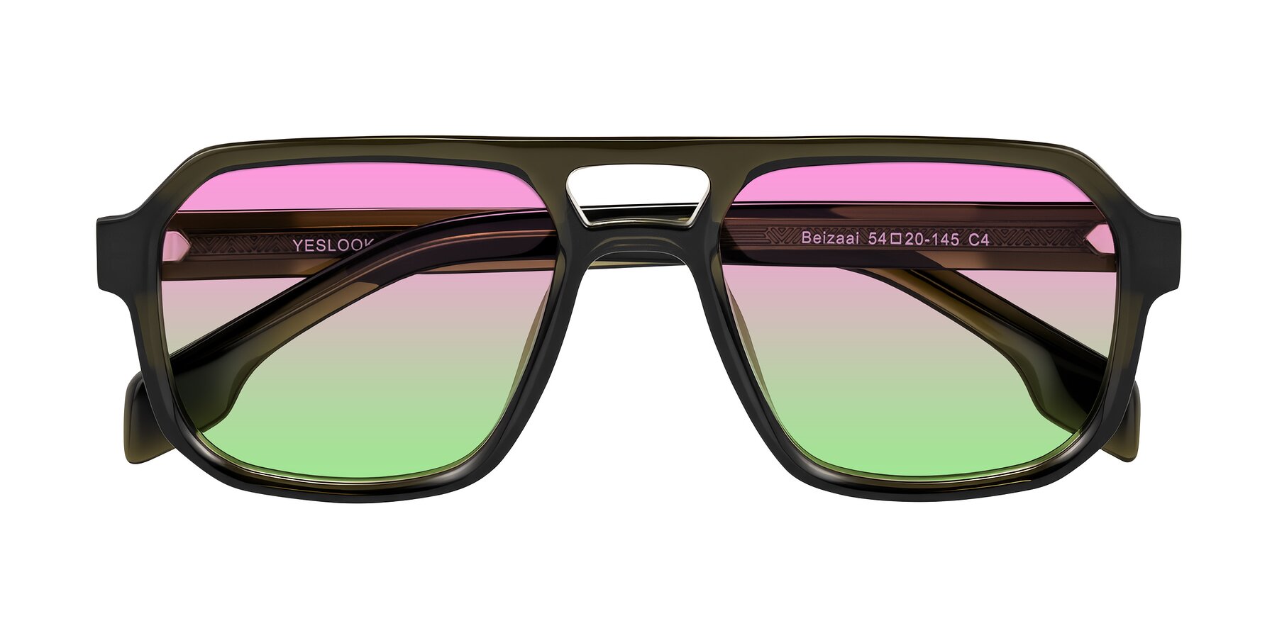Folded Front of Beizaai in Translucent Olive Gray with Pink / Green Gradient Lenses