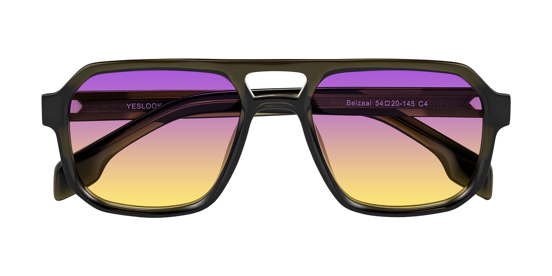 Folded Front of Beizaai in Translucent Olive Gray with Purple / Yellow Gradient Lenses