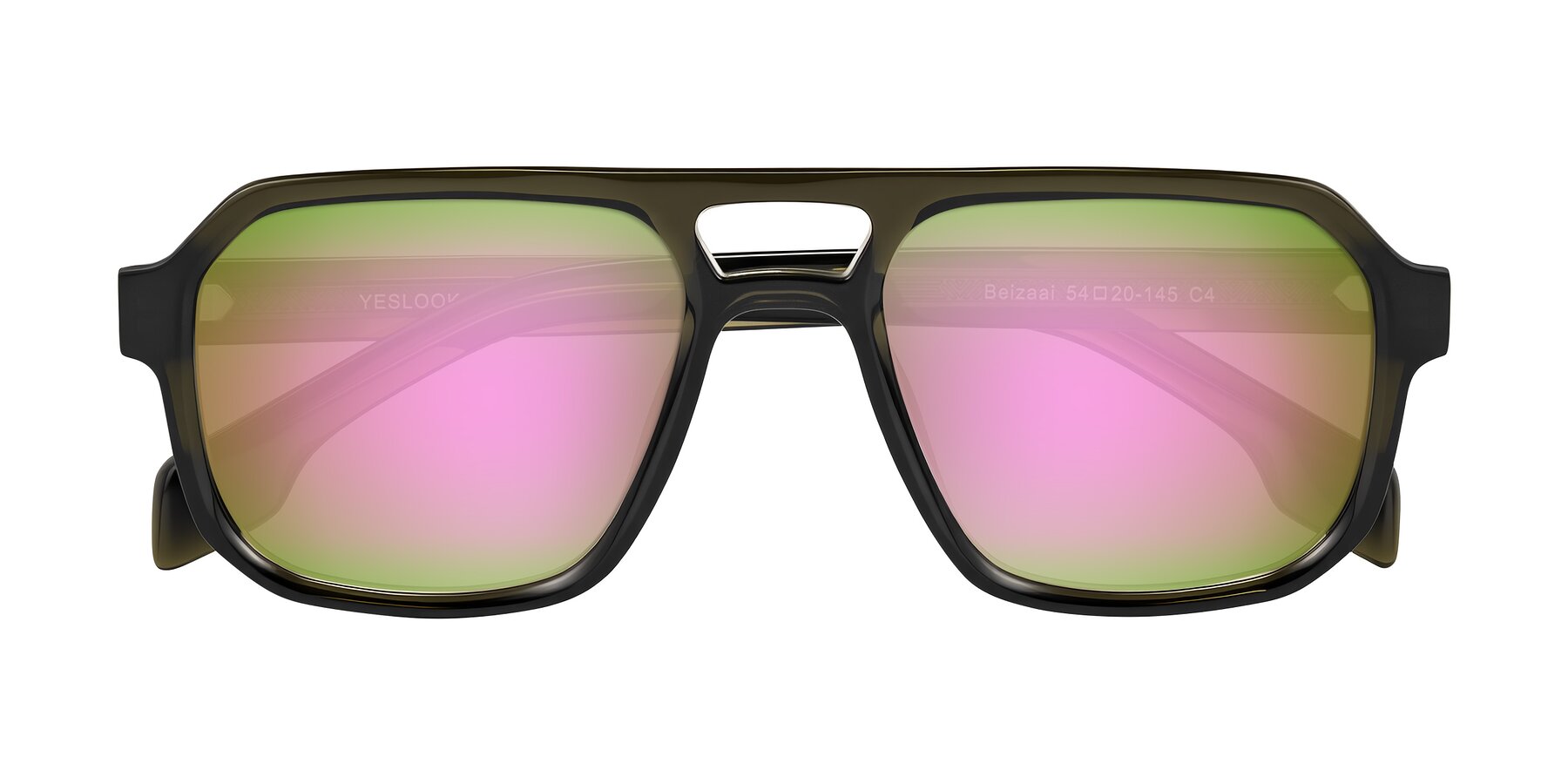 Folded Front of Beizaai in Translucent Olive Gray with Pink Mirrored Lenses